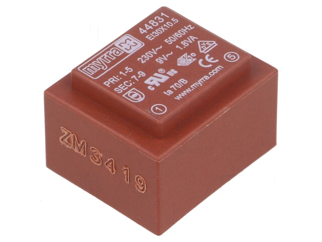 Transformator: ingegoten; 1,8VA; 230VAC; 9V; 200mA; PCB Transformator: ingegoten; 1,8VA; 230VAC; 9V; 200mA; PCB